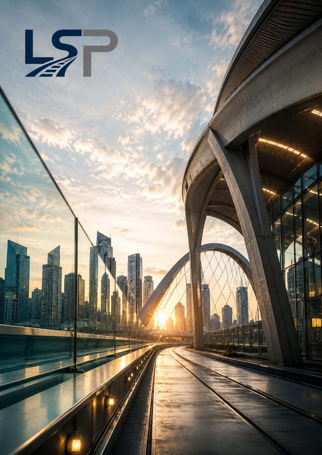 Modern rail station architecture at sunset with a city skyline