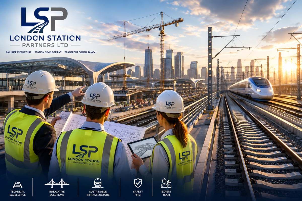 LSP engineers in high-visibility wear reviewing drawings on a rail construction site at sunset